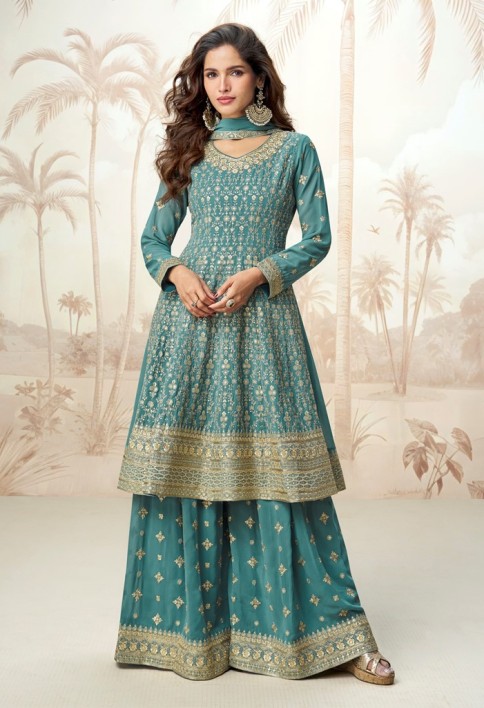 Teal Blue Georgette Sharara Suit Set with Heavy Embroidery
